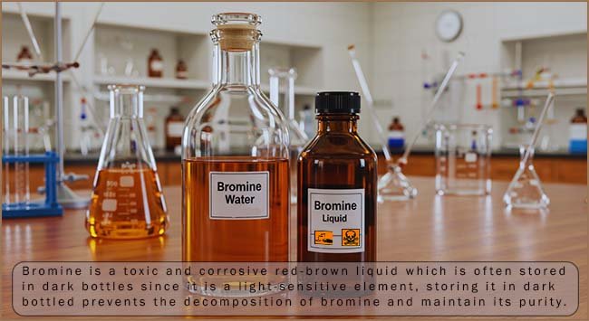 Bottle of bromine water and liquid bromine on th bench in the chemistry lab.